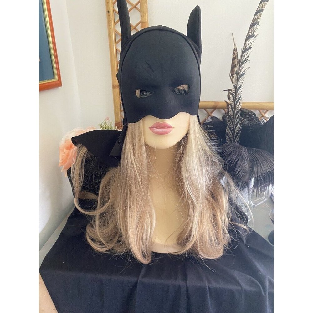 Black Batman Halloween Mask Cape Costume Adult Child Sz Small‎ 35" Long Vintage